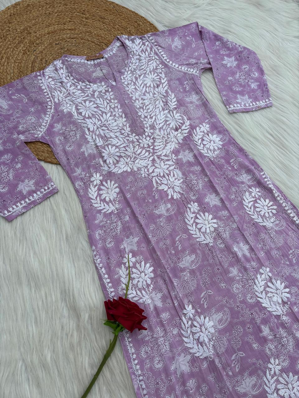 Sameera Pure Mulmul Chikankari Handwork Kurti - Lavender Colour