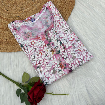 Yasmin Pure Mulmul Chikankari Handwork Kurti - Pink Colour