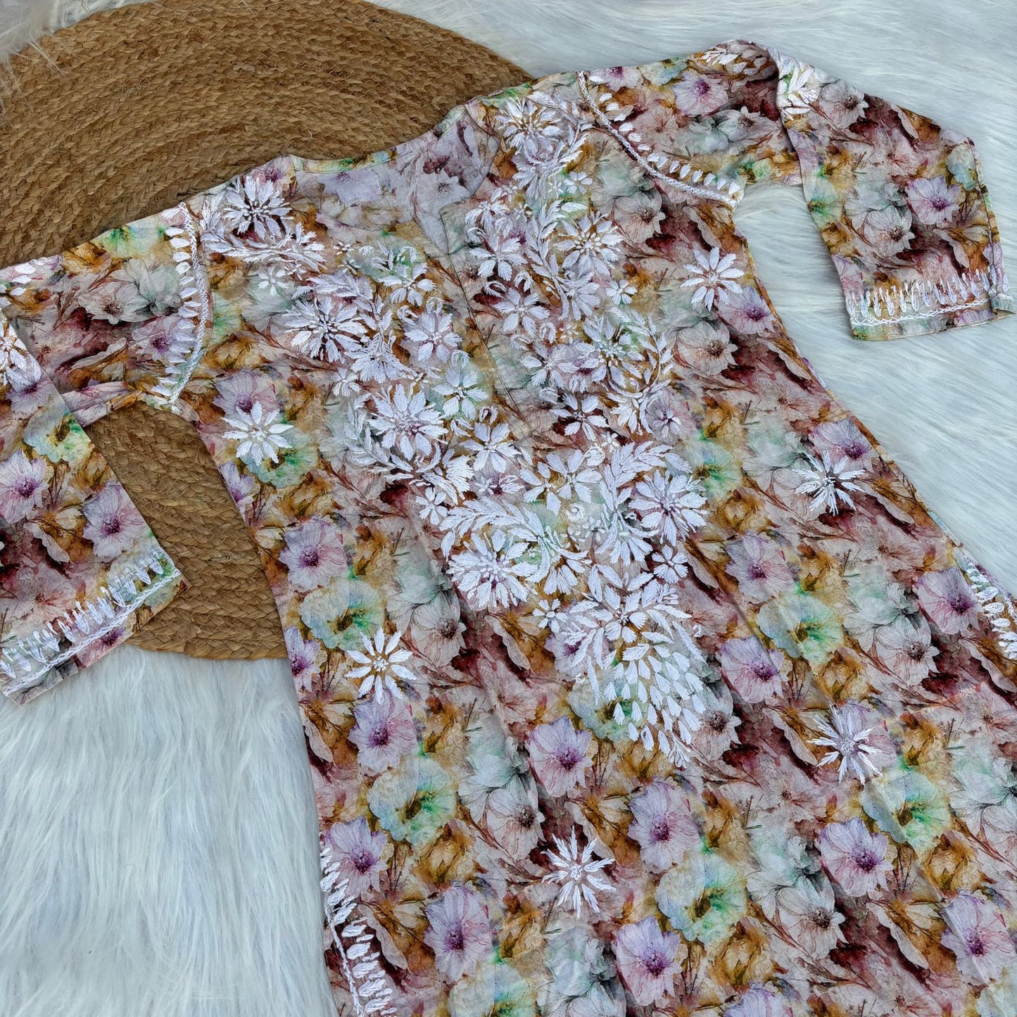 Fiza Pure Cotton Floral Lucknowi Chikankari Kurti - Yellow Colour