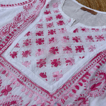 Zoya Cotton Lucknowi Chikankari Kurti - White Pink Color