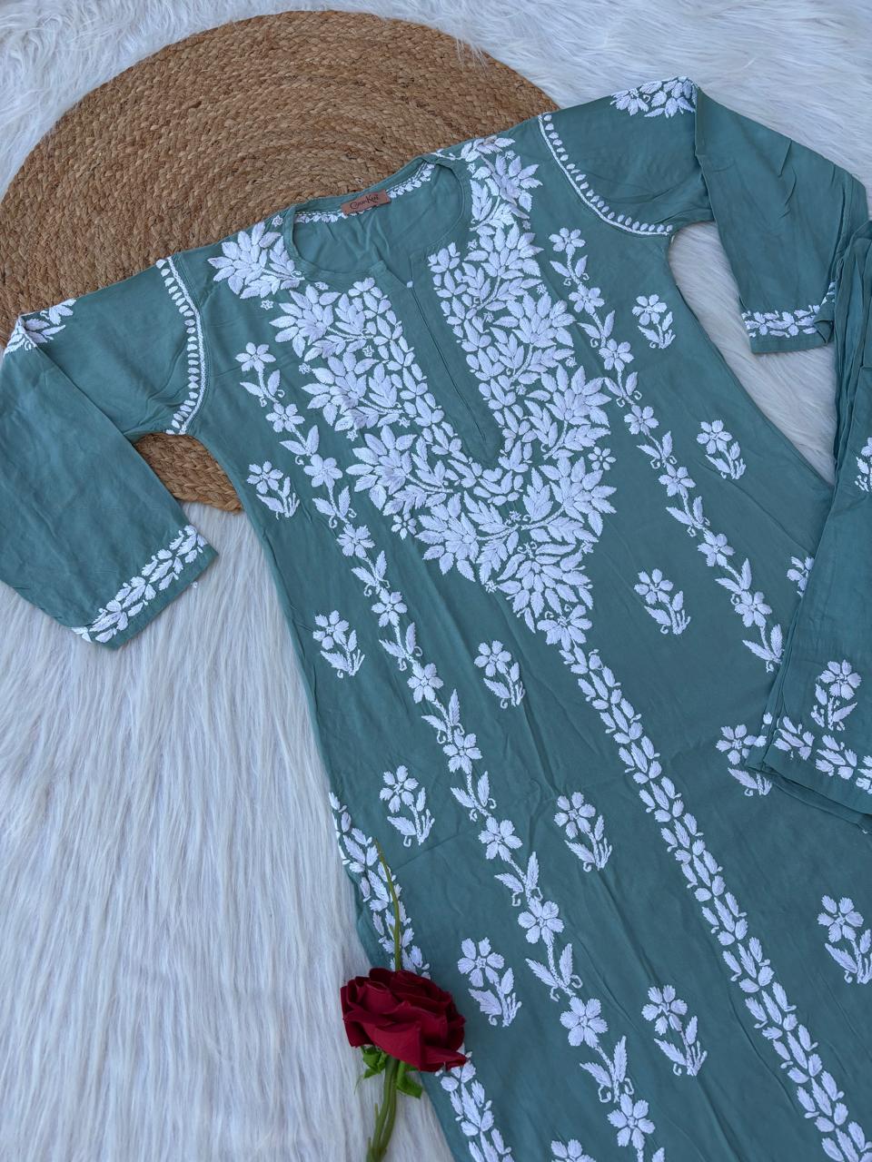 Samara Rayon Handwork Chikankari Kurti Plazo Set - Sea Green Colour