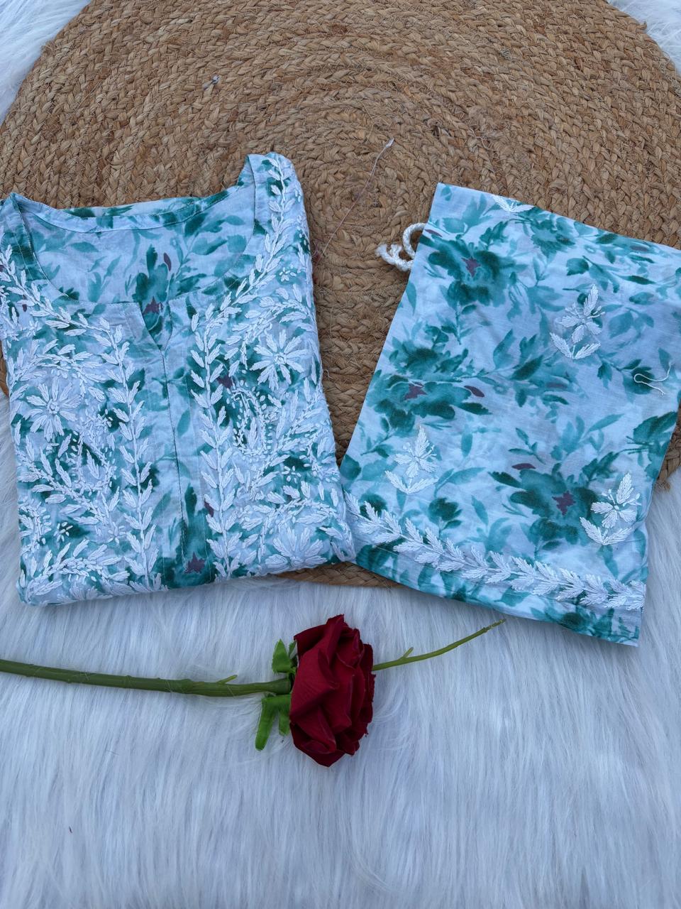 Hadaya Mulmul Cotton Chikankari Kurti Set - Sea Green Colour