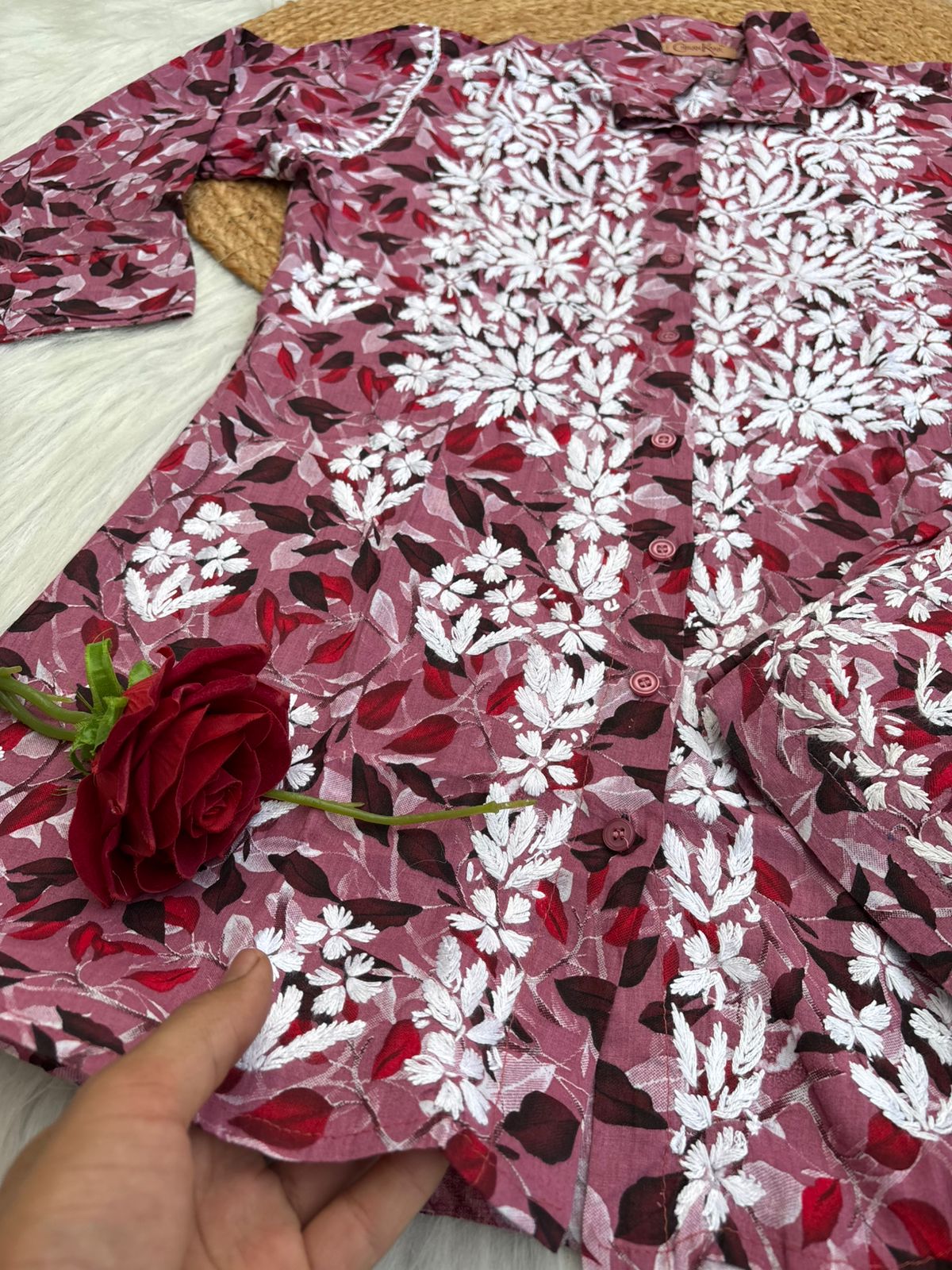 Mulmul Cotton Lucknowi Chikankari Coord Set - Cherry Colour