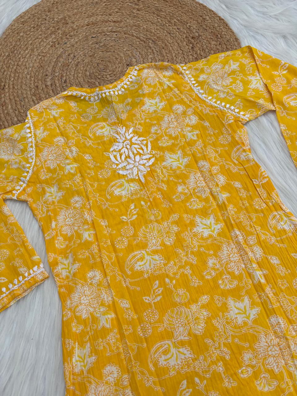 Sameera Pure Mulmul Chikankari Handwork Kurti - Yellow Colour