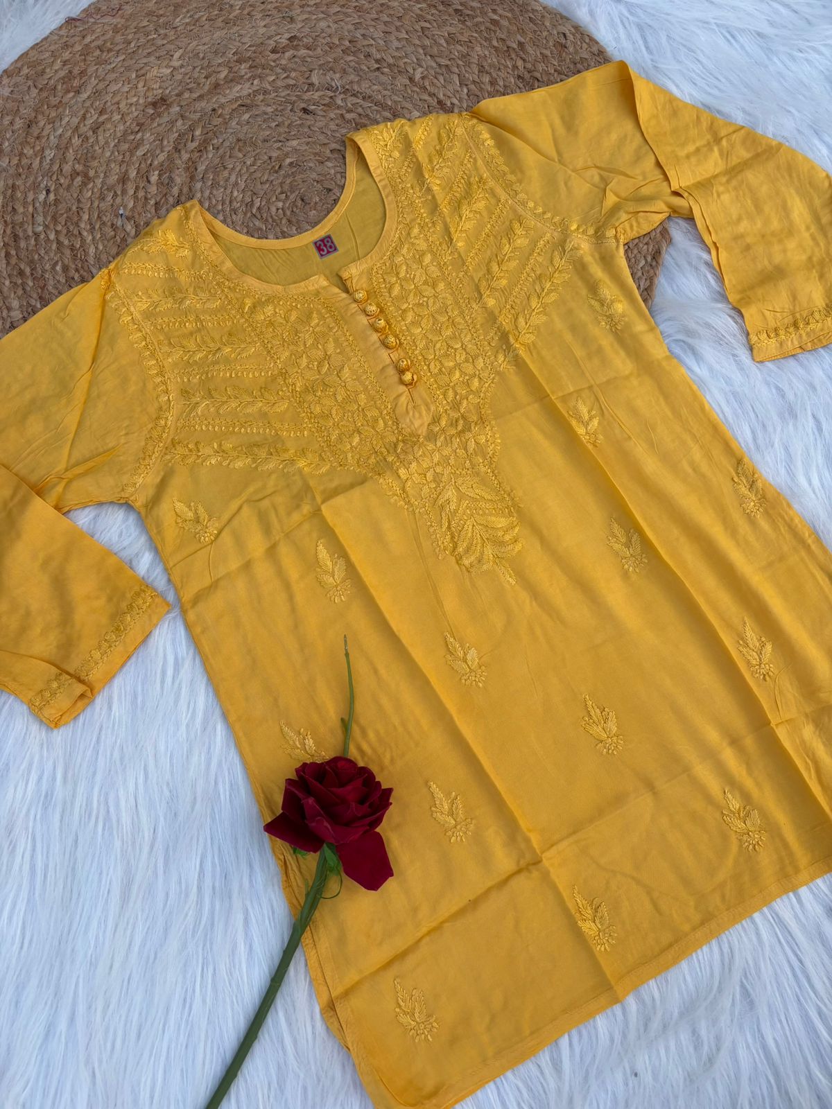 Zimal Dyeable Soft Rayon Chikankari Short Kurti - Yellow Colour