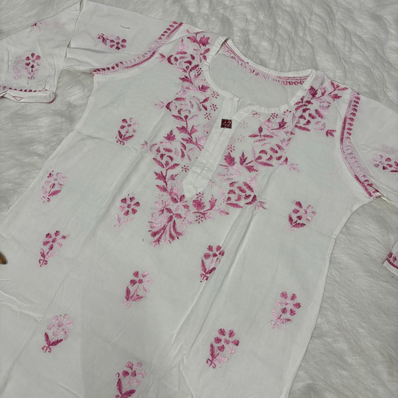 Aleena Rayon Chikankari Kurti Plazo Set - White Pink color