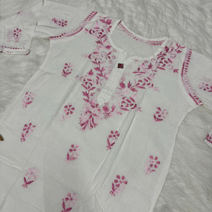 Aleena Rayon Chikankari Kurti Plazo Set - White Pink color