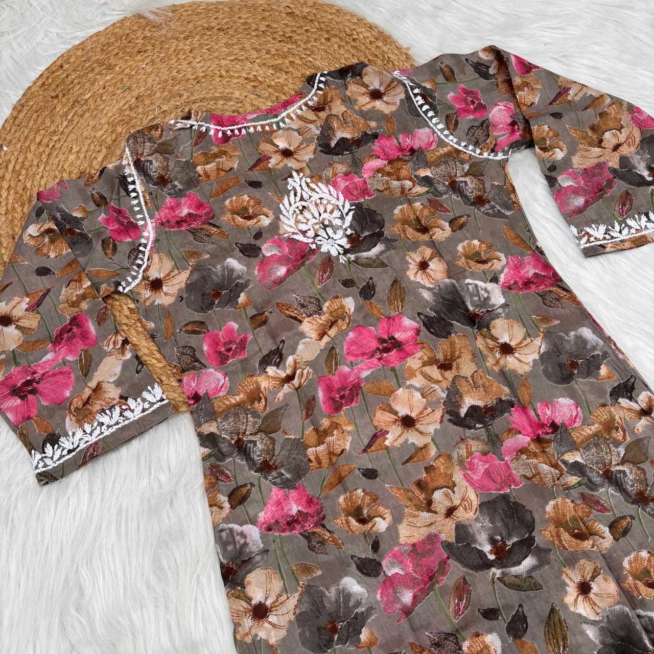 Jameela Mulmul Cotton Chikankari Kurti Set - Muted Brown Colour