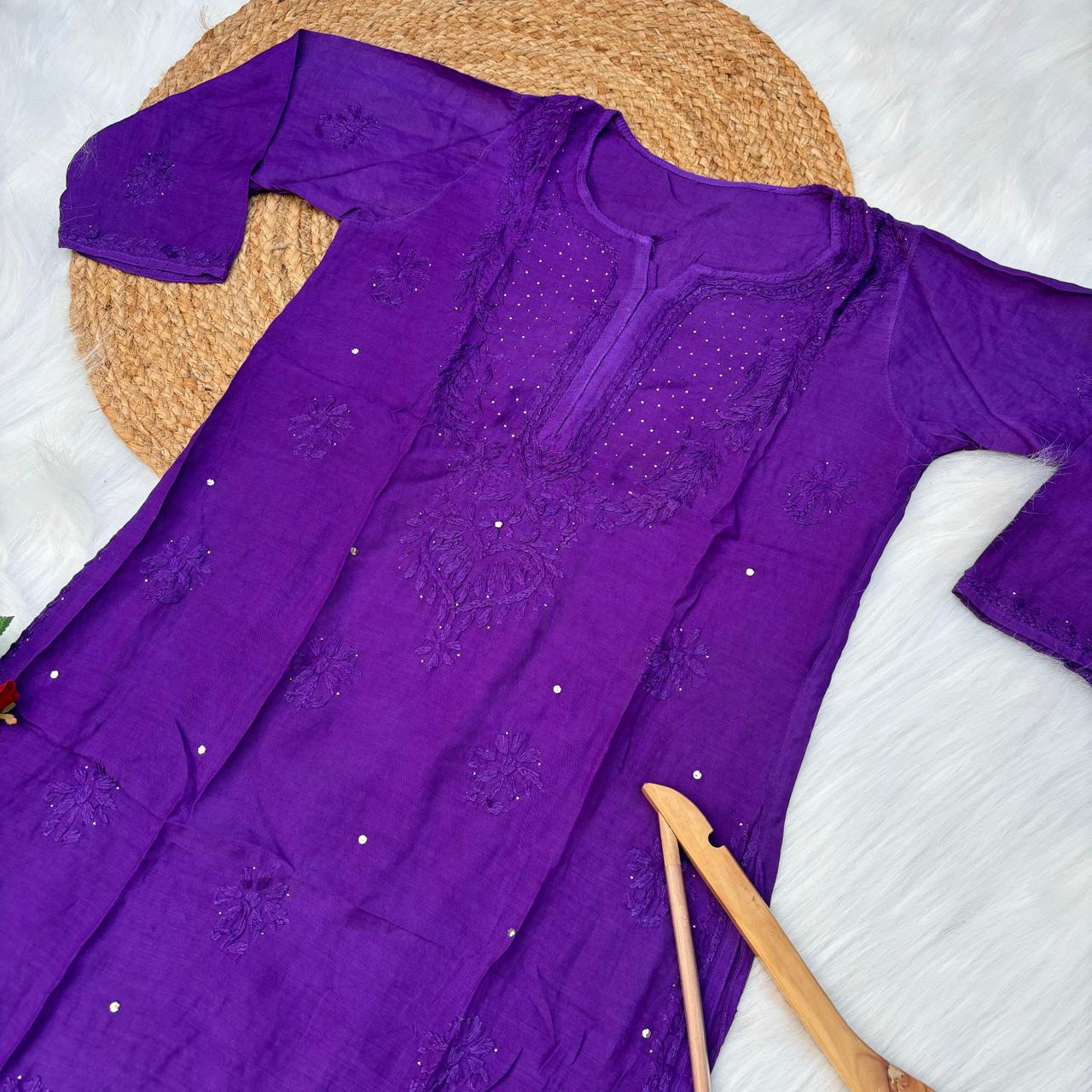 Rakul Preet Inspired Chikankari Muslin Kurti with Mukaish Work - Violet Colour