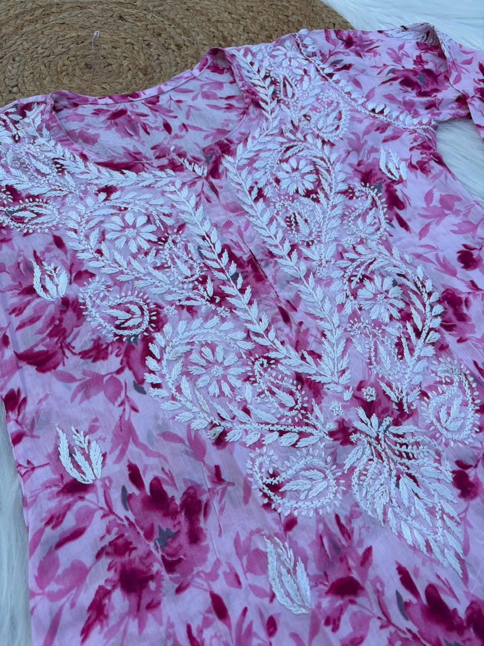 Hadaya Mulmul Cotton Chikankari Kurti Set -Pink Colour