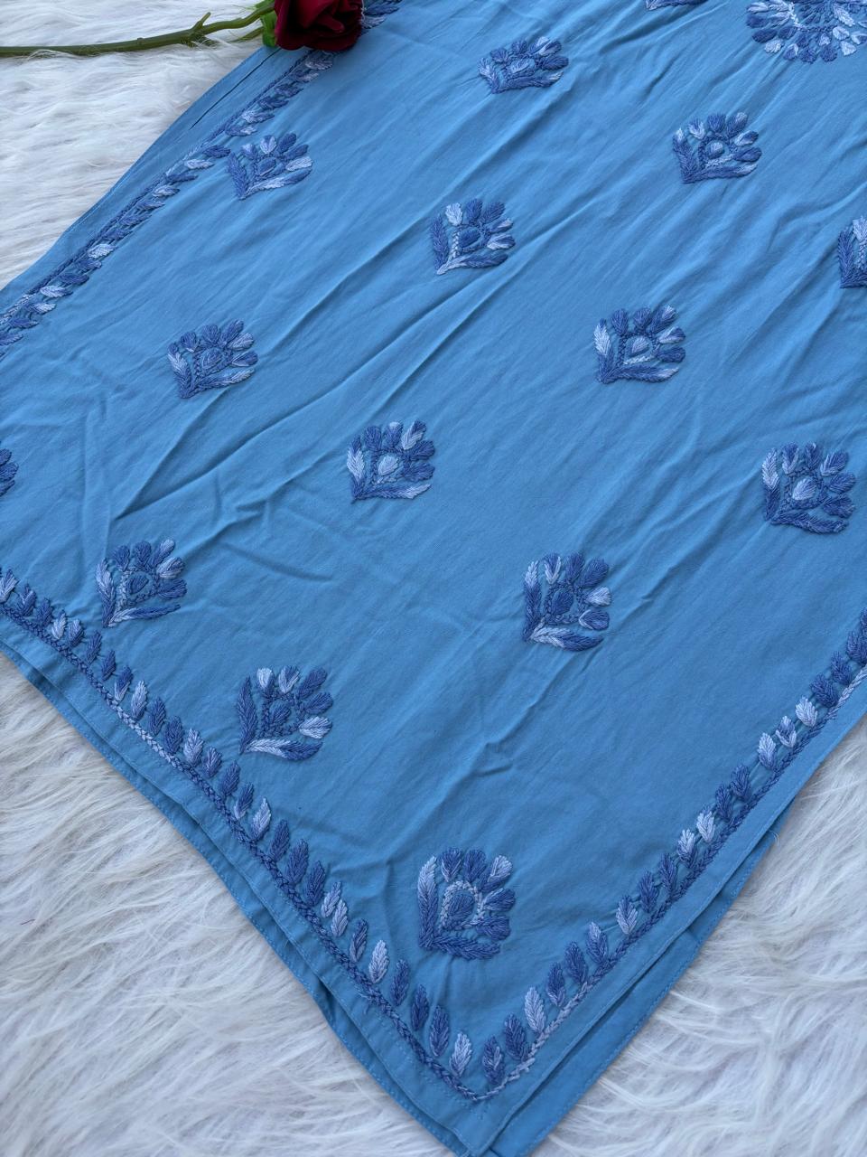 Roohi Rayon Tone To Tone Lucknowi Handwork Chikankari Kurti - Blue Color