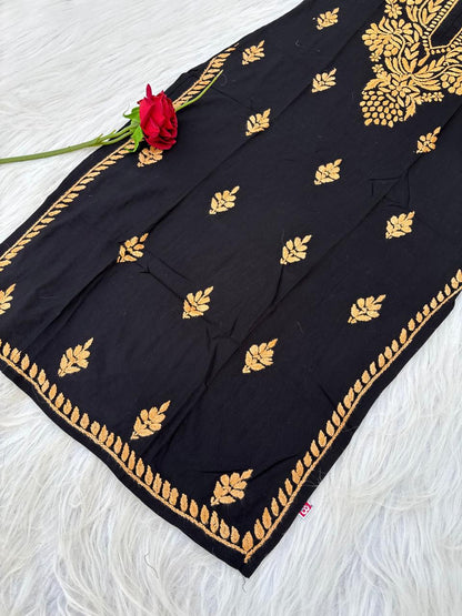 Shifa Soft Rayon Lucknowi Chikankari Kurti - Black Yellow Color