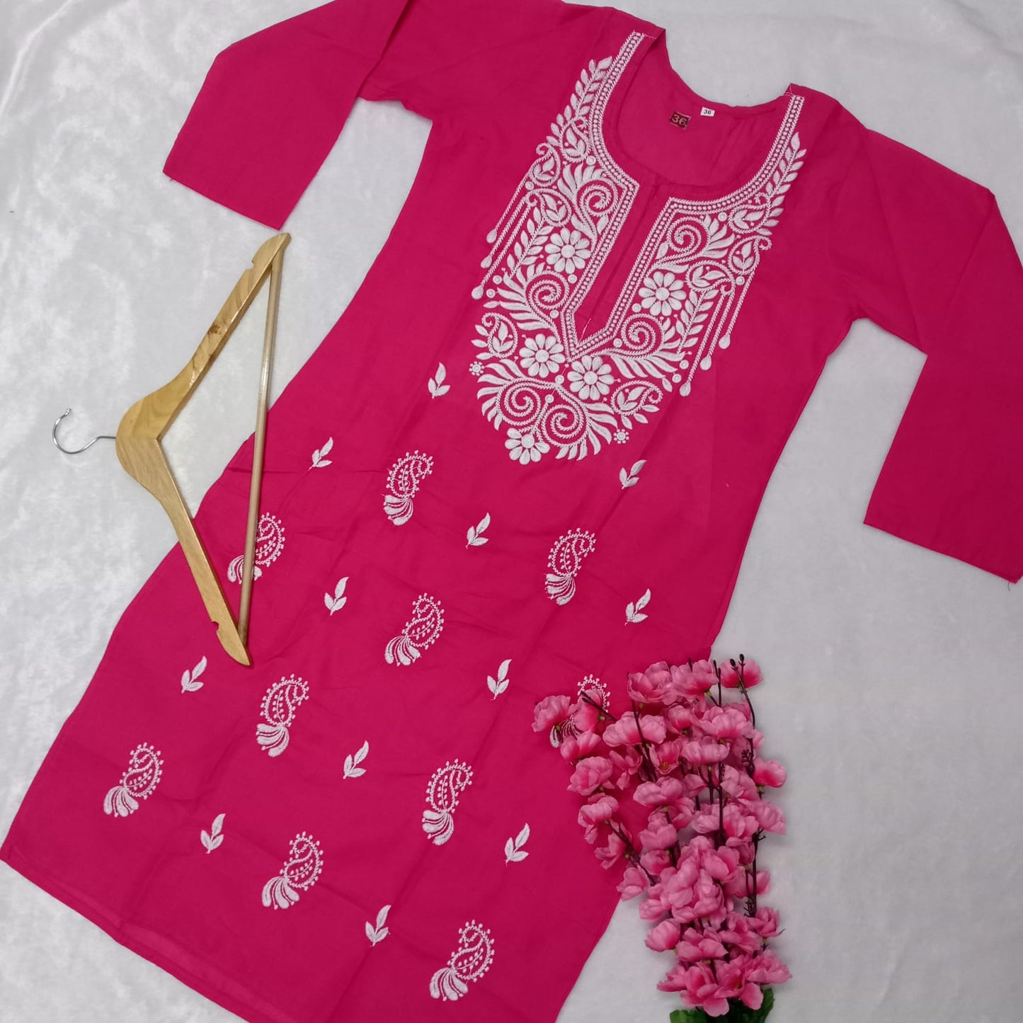 COTTON MACHINE WORK CHIKANKARI KURTI -RANI  COLOUR