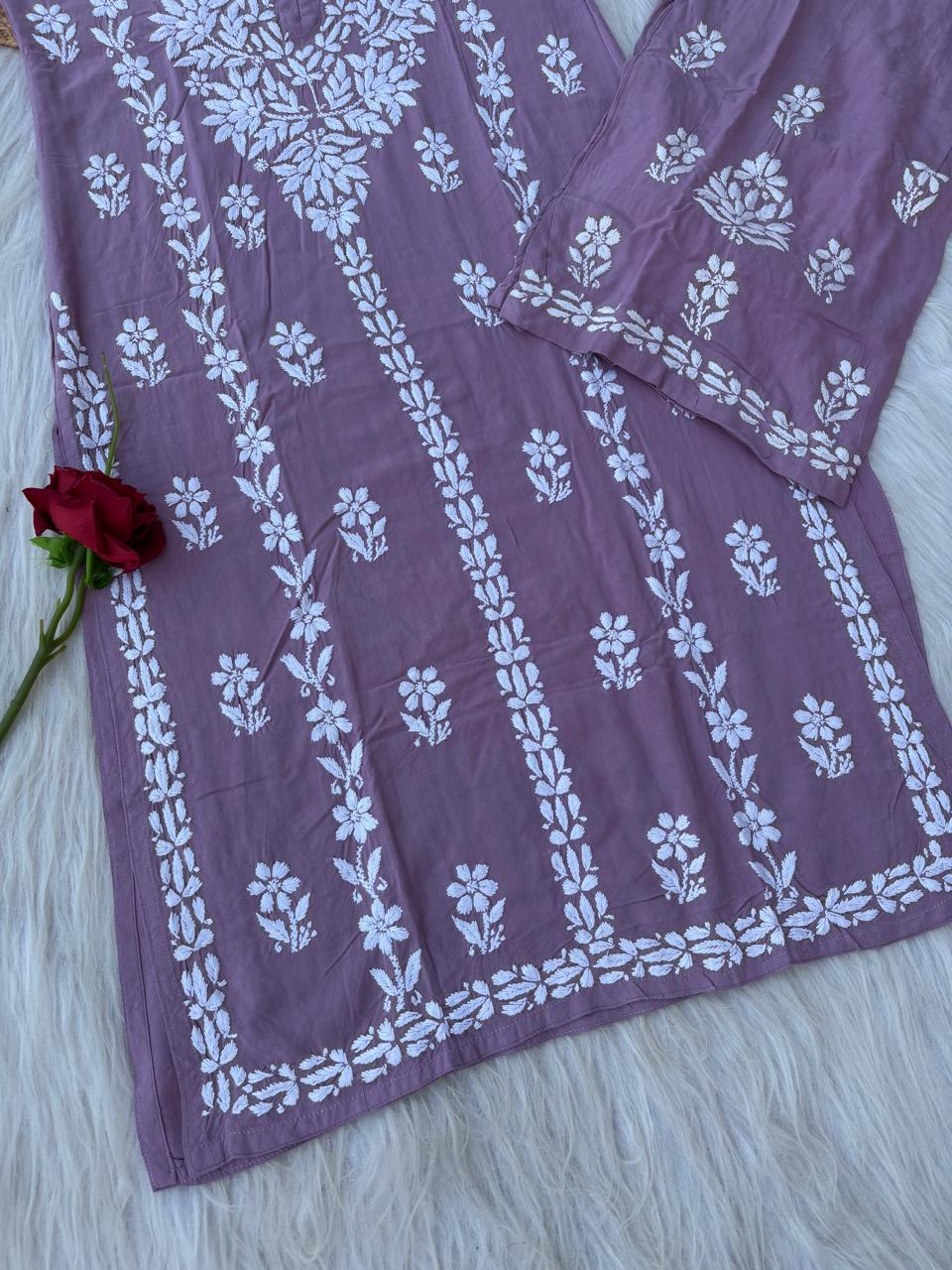 Samara Rayon Handwork Chikankari Kurti Plazo Set - Mauve Colour