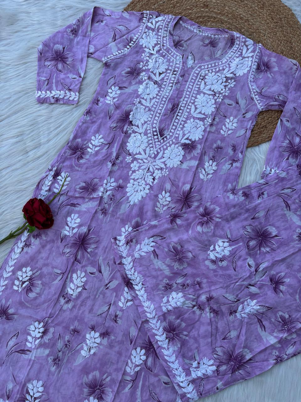 Shazia Mulmul Cotton Chikankari Kurti Set - Purple Colour