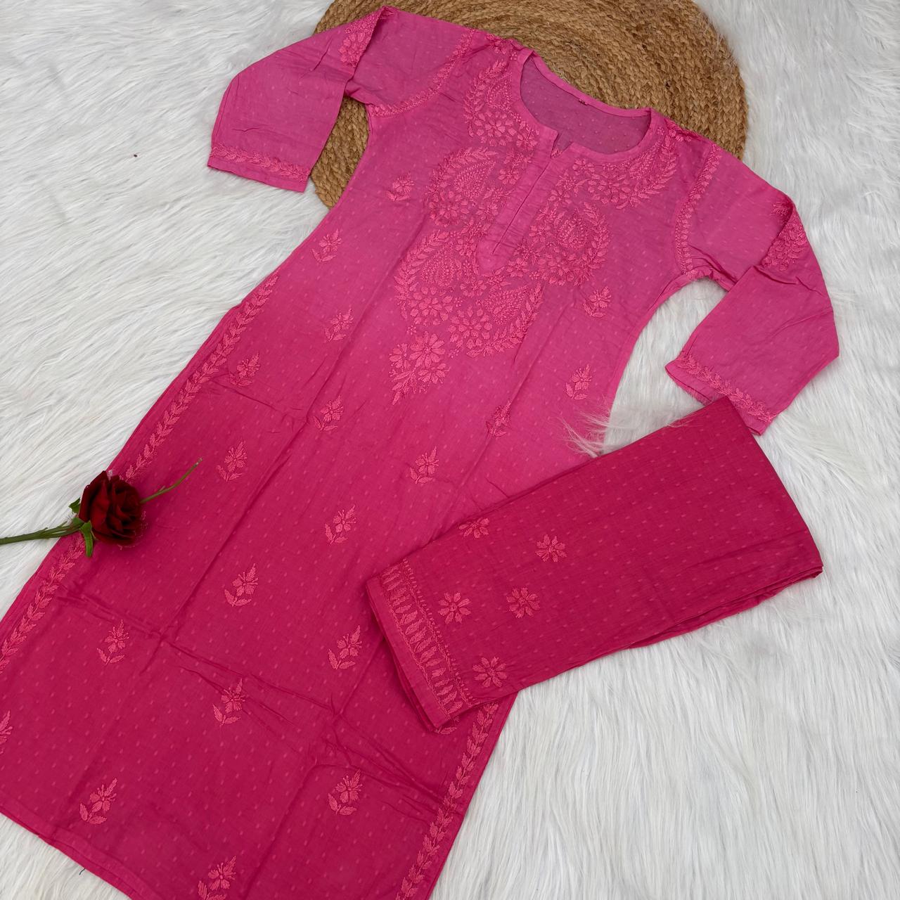 Nuha Dobby cotton Ombre shaded Lucknowi Chikankari Kurti Plazo Set - Gazri Colour