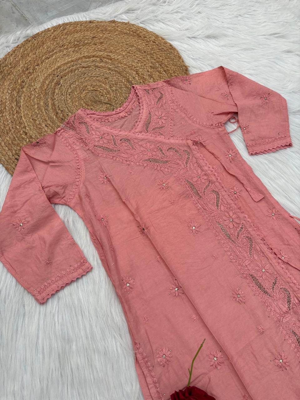Naaz Chanderi Angrakha style Chikankari Kurti with Mukaish work - Dusty Peach Colour
