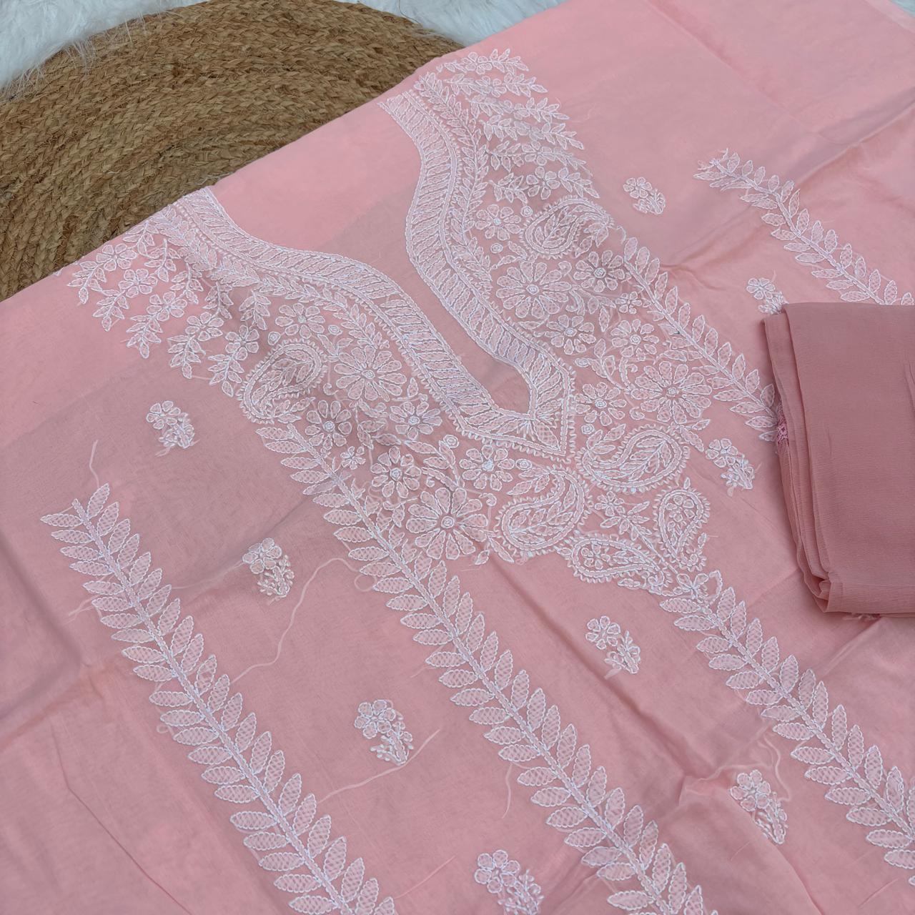 Madhuri Voile Cotton Chikankari Unstitched 3 pc set - Skin Colour