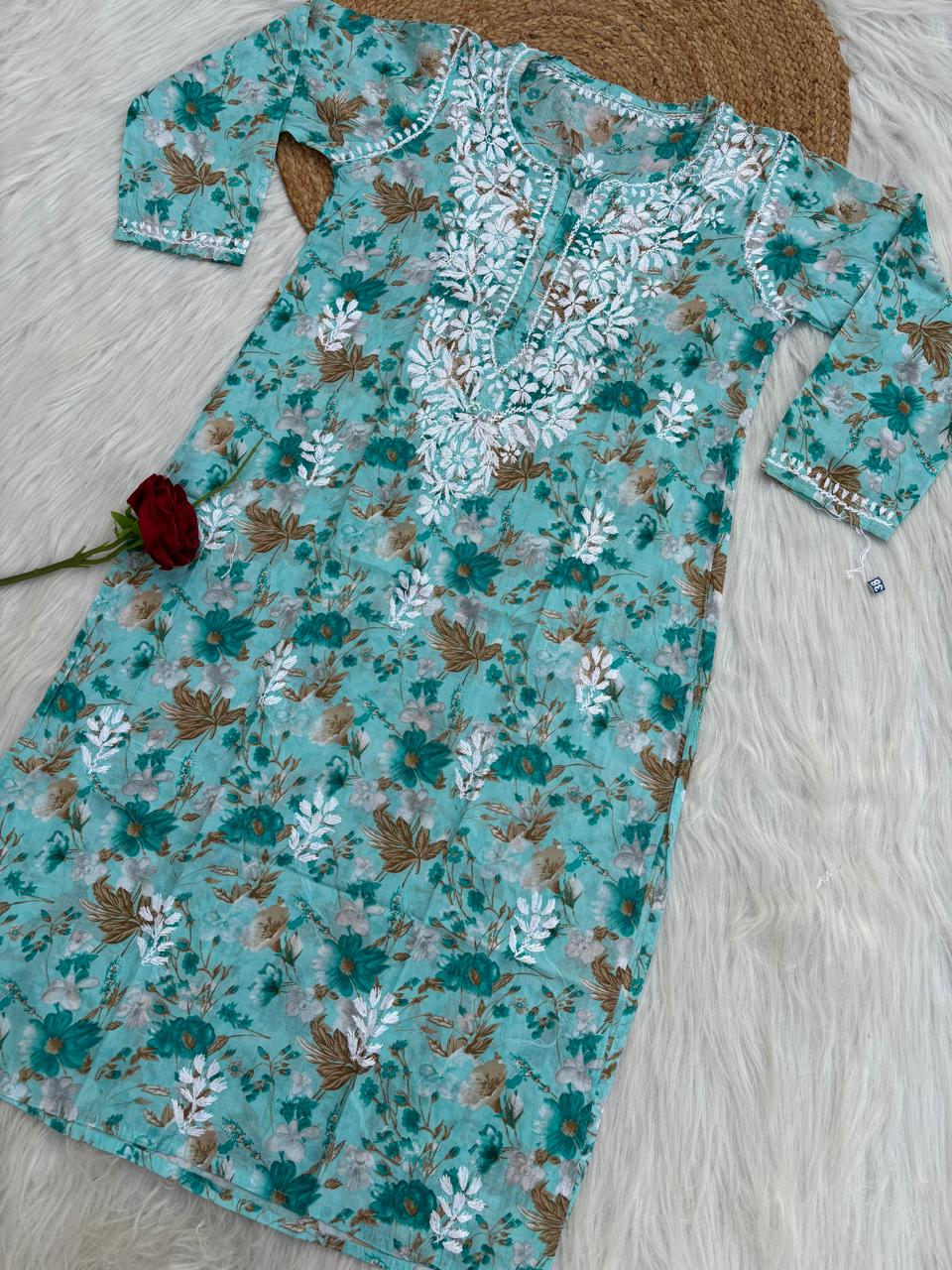 Alina Pure Mulmul Chikankari Handwork Kurti - Sea Green Colour
