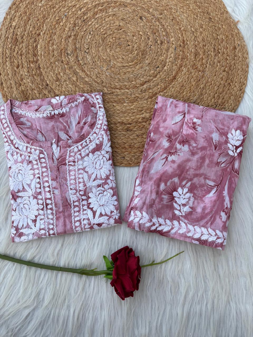 Shazia Mulmul Cotton Chikankari Kurti Set - Pink Colour