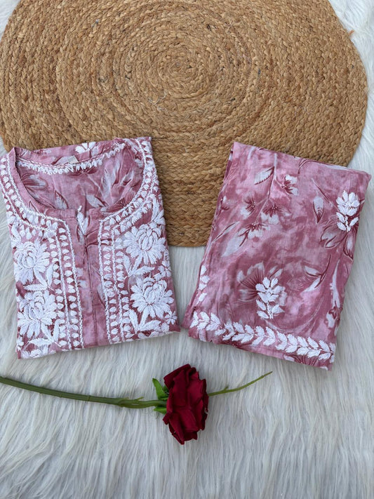 Shazia Mulmul Cotton Chikankari Kurti Set - Pink Colour