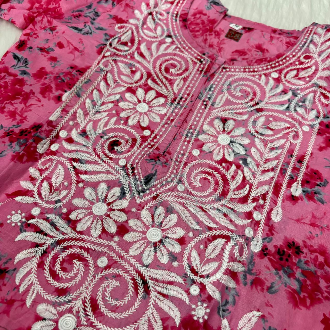 Mulmul Cotton Chikankari Machine Work Kurti -  Pink Colour