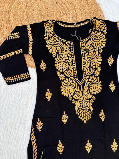 Shifa Soft Rayon Lucknowi Chikankari Kurti - Black Yellow Color