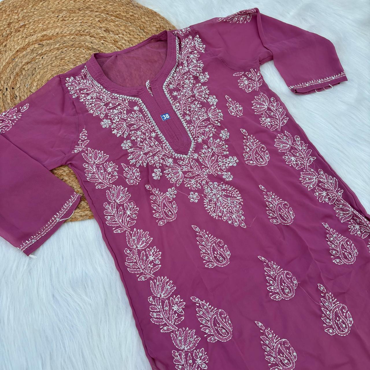 Stone Work Georgette Chikankari Kurti -Mauve Colour