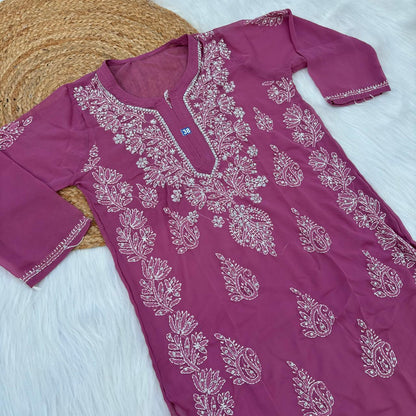 Stone Work Georgette Chikankari Kurti -Mauve Colour - Chikankaar