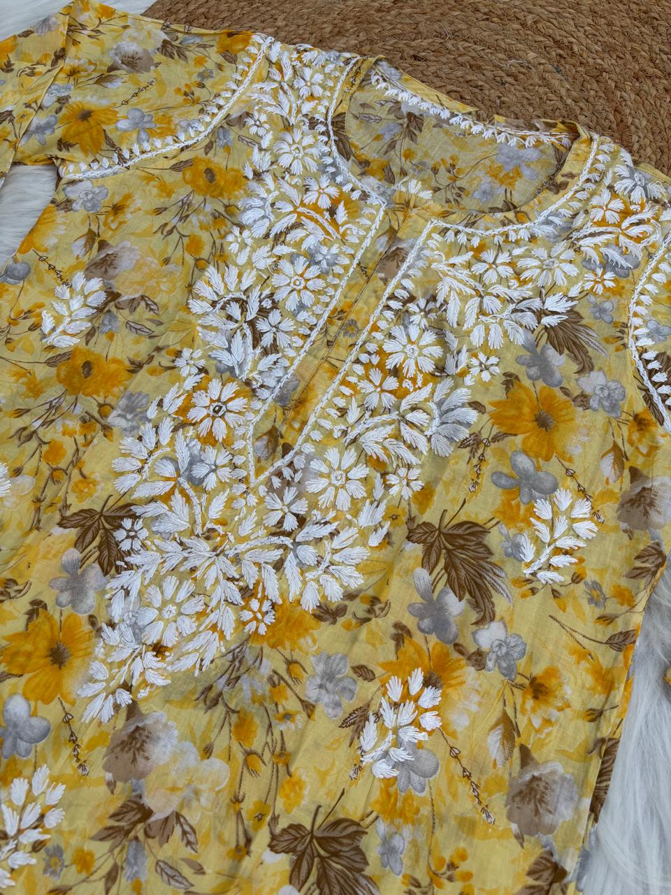 Alina Pure Mulmul Chikankari Handwork Kurti - Yellow Colour