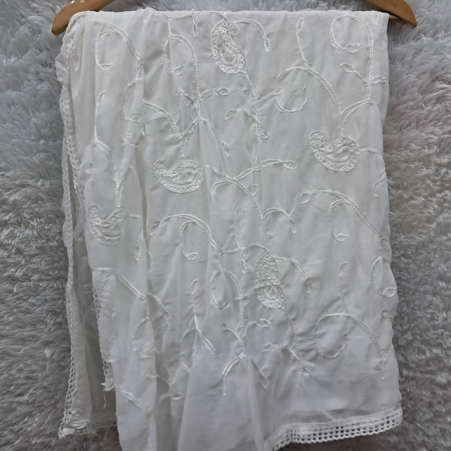 Chiffon Chikankari Dupatta With Qureshia  Lace - White Color