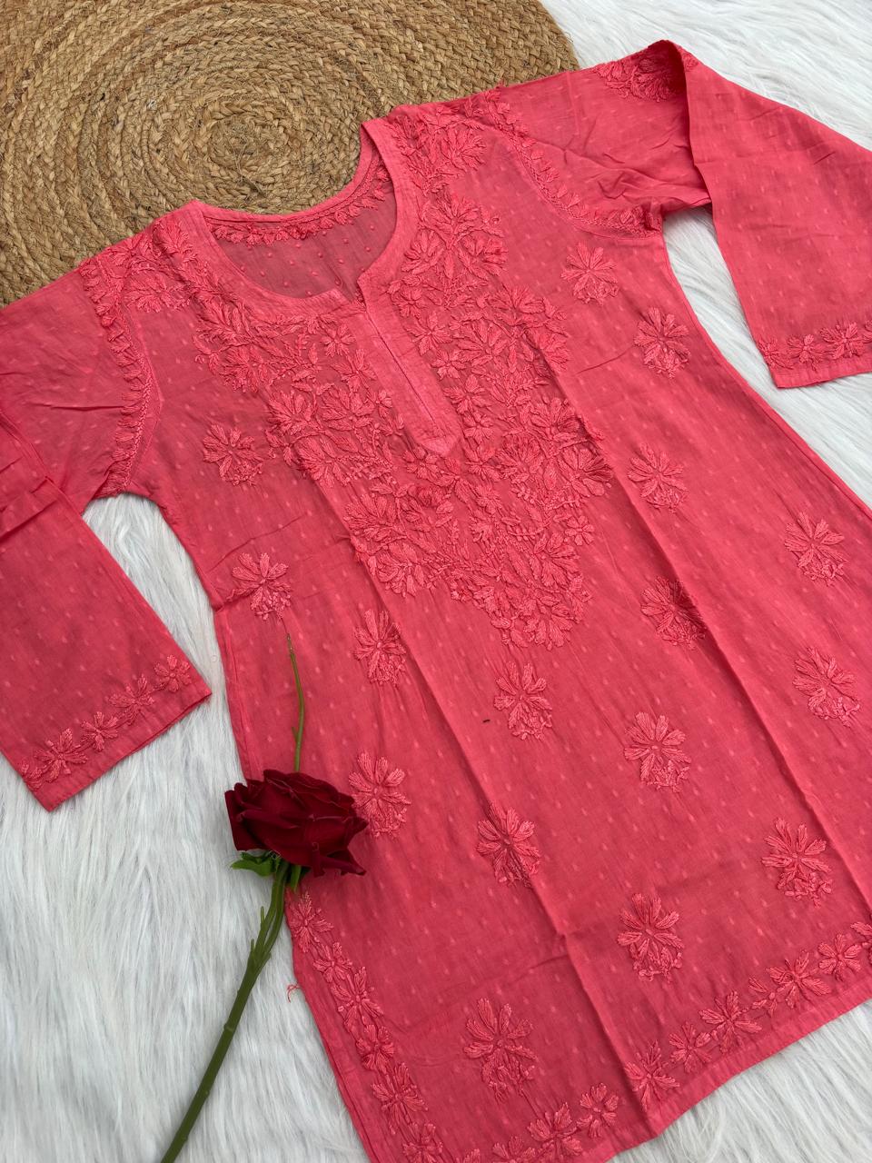 Ziva Soft Dobby Cotton Lucknowi Handwork Chikankari Short Kurti - Gazri Colour