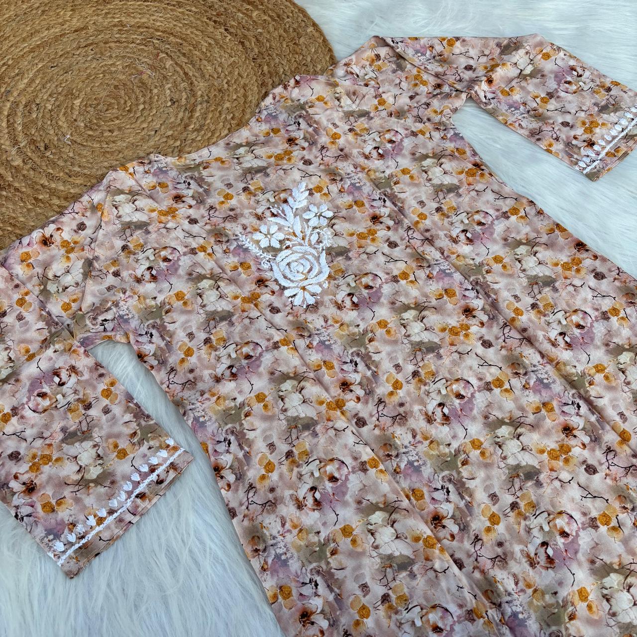 Hina Rayon Rose work Lucknowi Chikankari kurti - Cream Colour