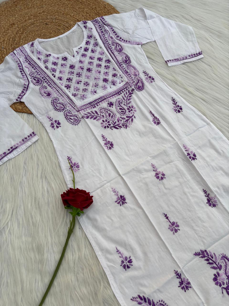 Zoya Cotton Lucknowi Handwork Chikankari Kurti - White Purple Colour