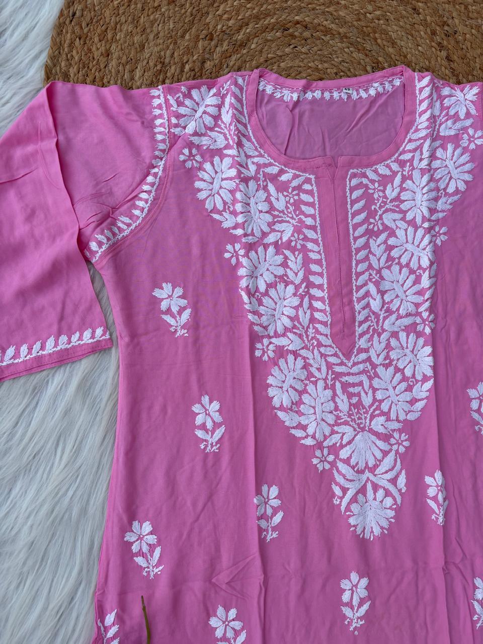 Hiba Soft Rayon Handwork Chikankari Kurti - Pink Colour