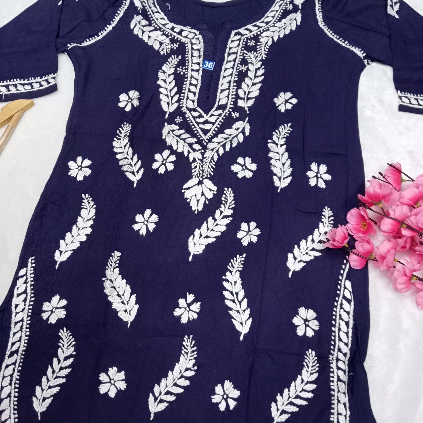 Inaya Rayon Chikankari Handwork Short Kurti -Navy Blue colour