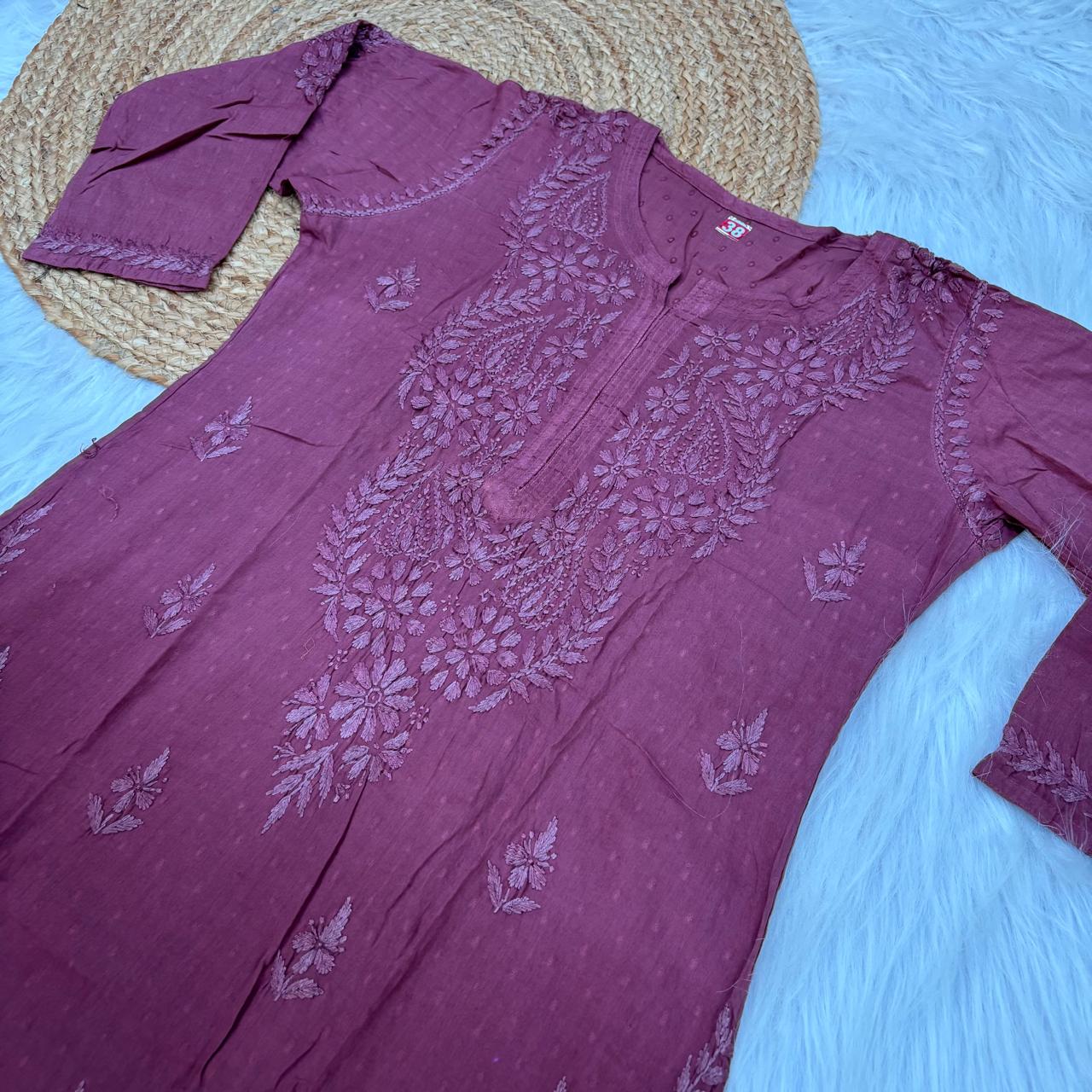 Tamanna Ombre Shaded Dobby Cotton Chikankari Kurti - Brown Colour