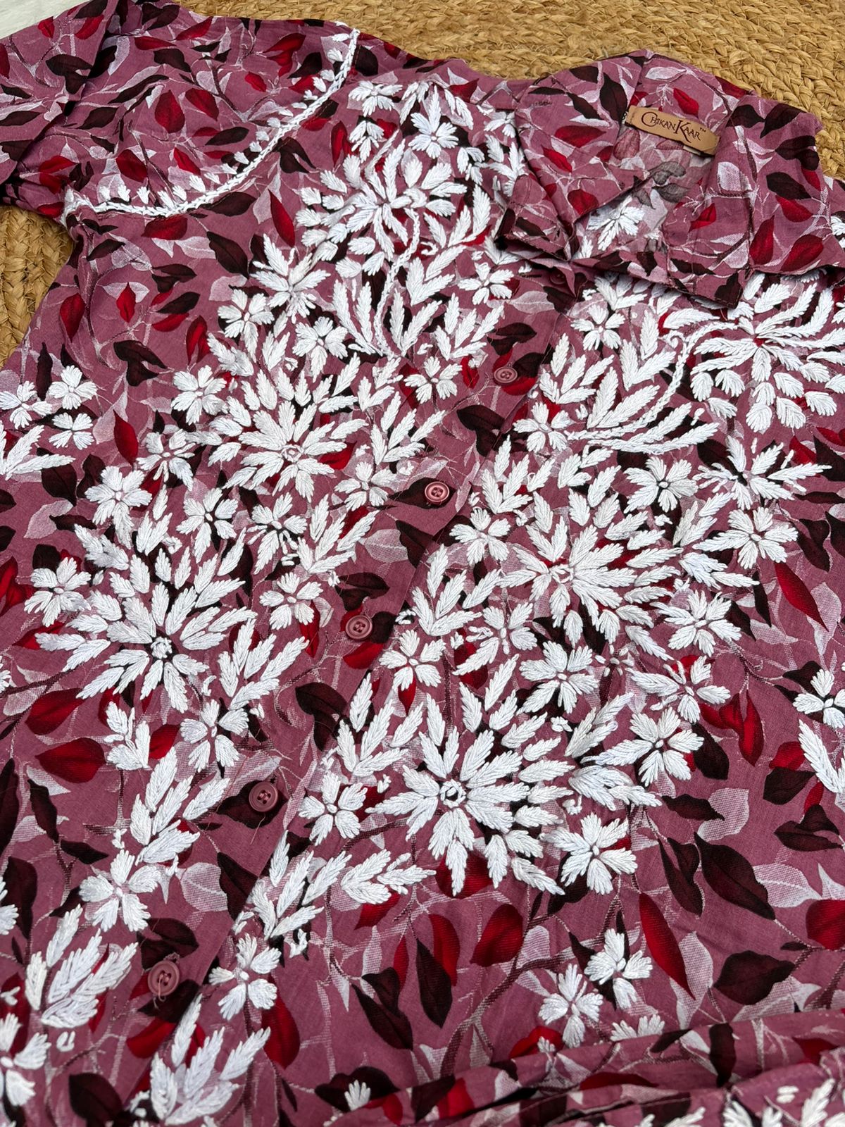 Mulmul Cotton Lucknowi Chikankari Coord Set - Cherry Colour