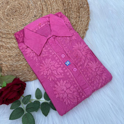 Sadia Dobby Cotton Ombre Shaded Chikankari Kurti with Collar - Pink Colour