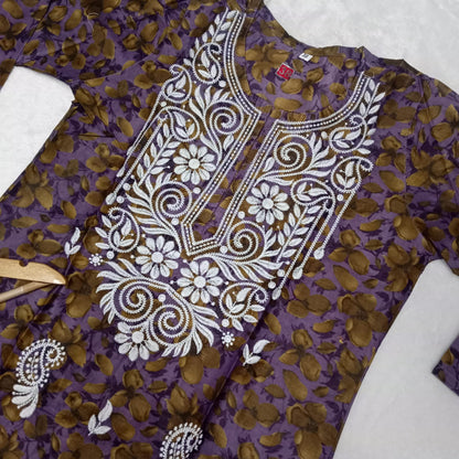 Cotton Silk Chikankari Machine Work Kurti - Purple Colour