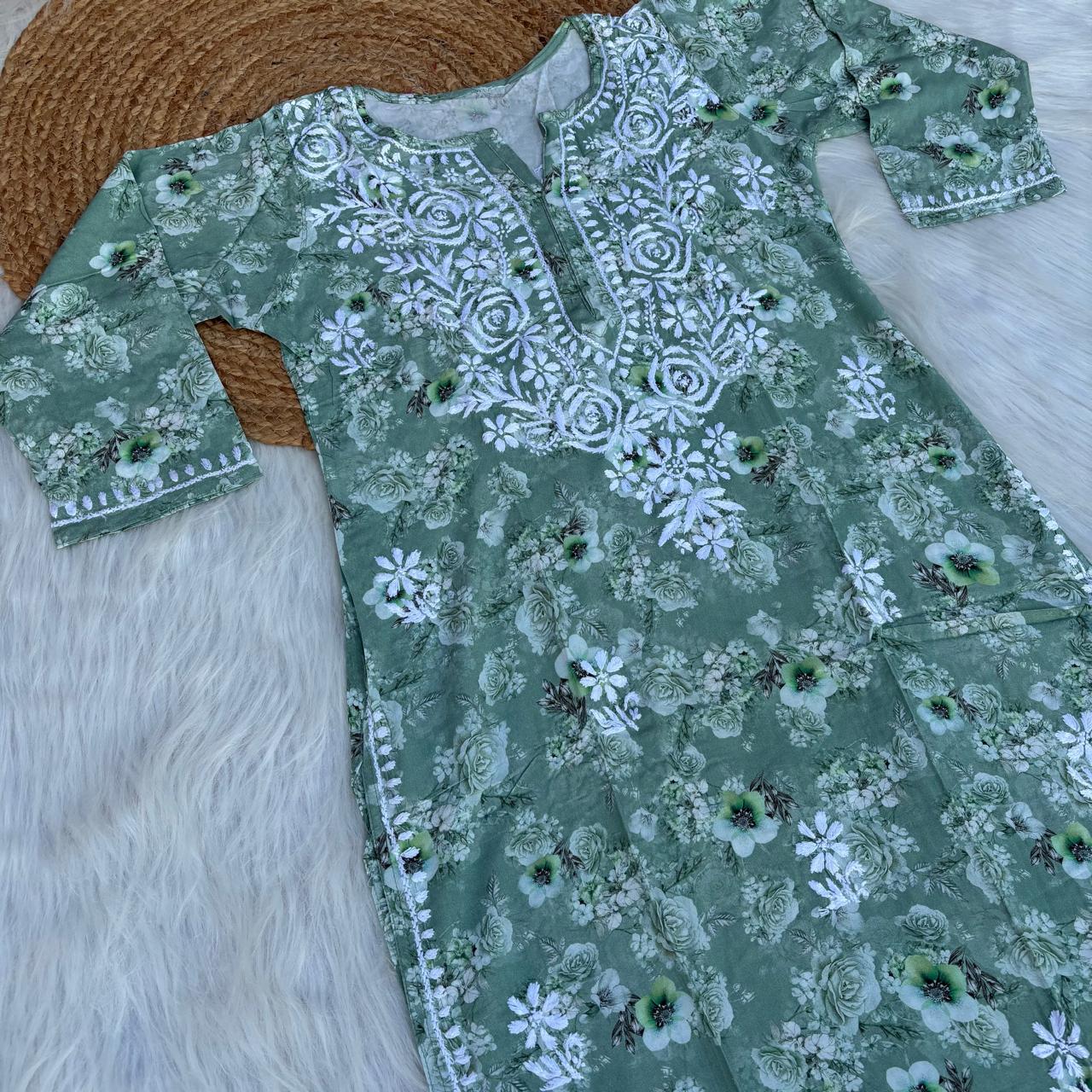 Hina Rayon Rose work Lucknowi Chikankari kurti - Green Colour