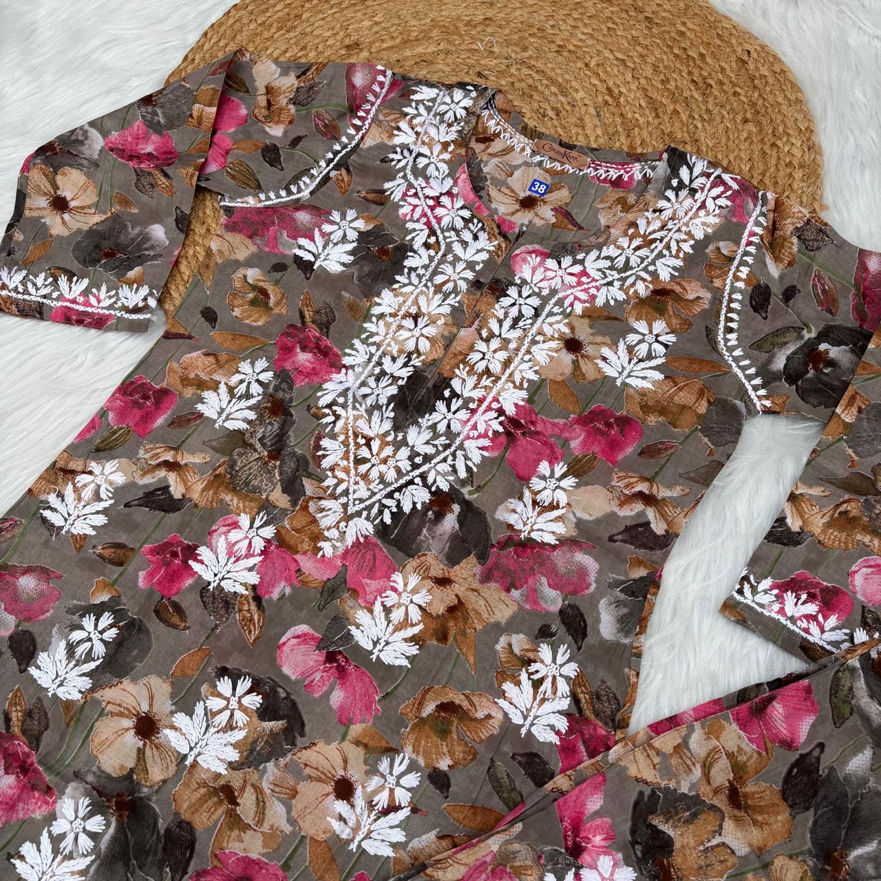 Jameela Mulmul Cotton Chikankari Kurti Set - Muted Brown Colour