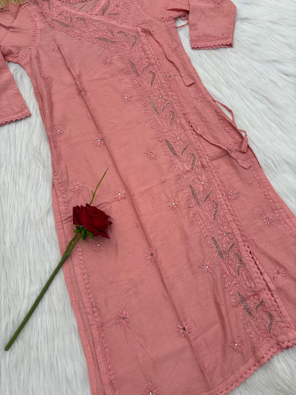 Naaz Chanderi Angrakha style Chikankari Kurti with Mukaish work - Dusty Peach Colour