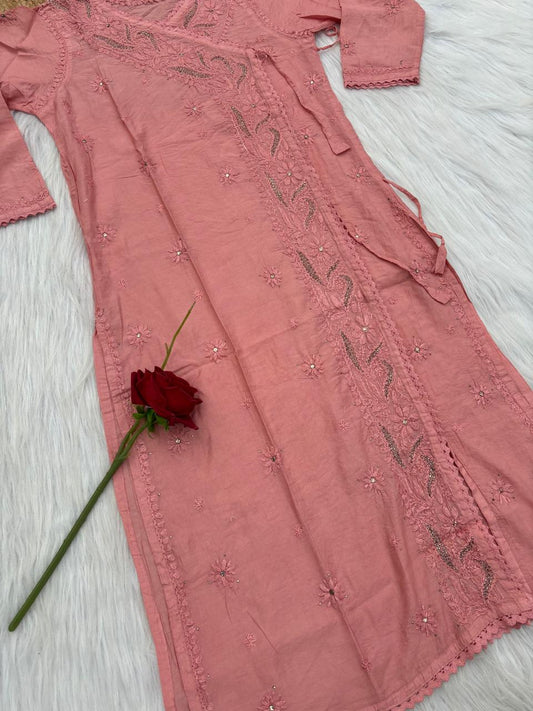 Naaz Chanderi Angrakha style Chikankari Kurti with Mukaish work - Dusty Peach Colour