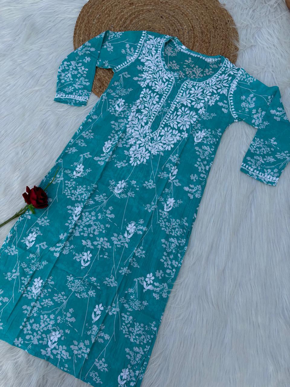 Sidra Pure Mulmul Chikankari Handwork Kurti - Sea Green Colour