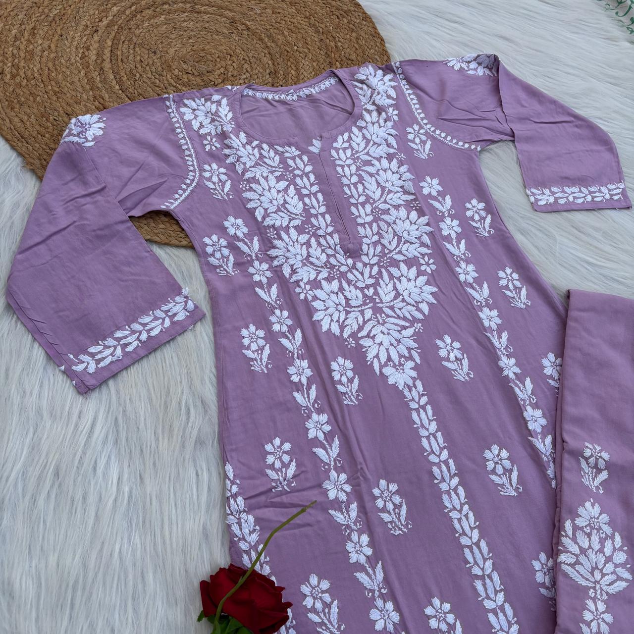 Samara Rayon Handwork Chikankari Kurti Plazo Set - Mauve Colour