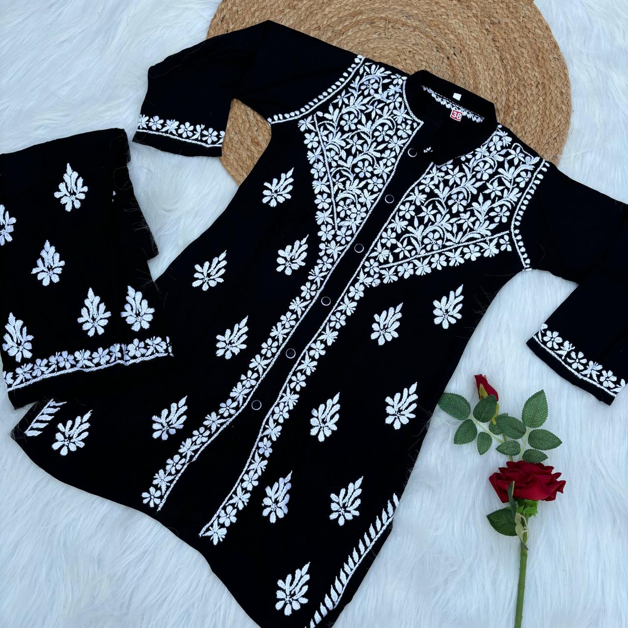 Rihana Rayon Chikankari Short Kurti Plazo Coord Set - Black colour