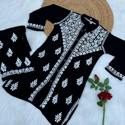 Rihana Rayon Chikankari Short Kurti Plazo Coord Set - Black colour - Chikankaar