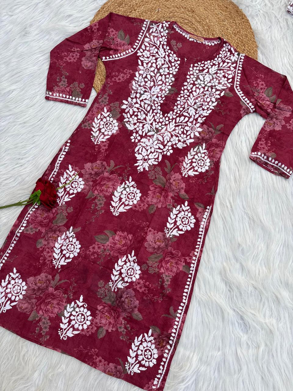 Zaina Pure Mulmul Chikankari Handwork Kurti - Red Colour