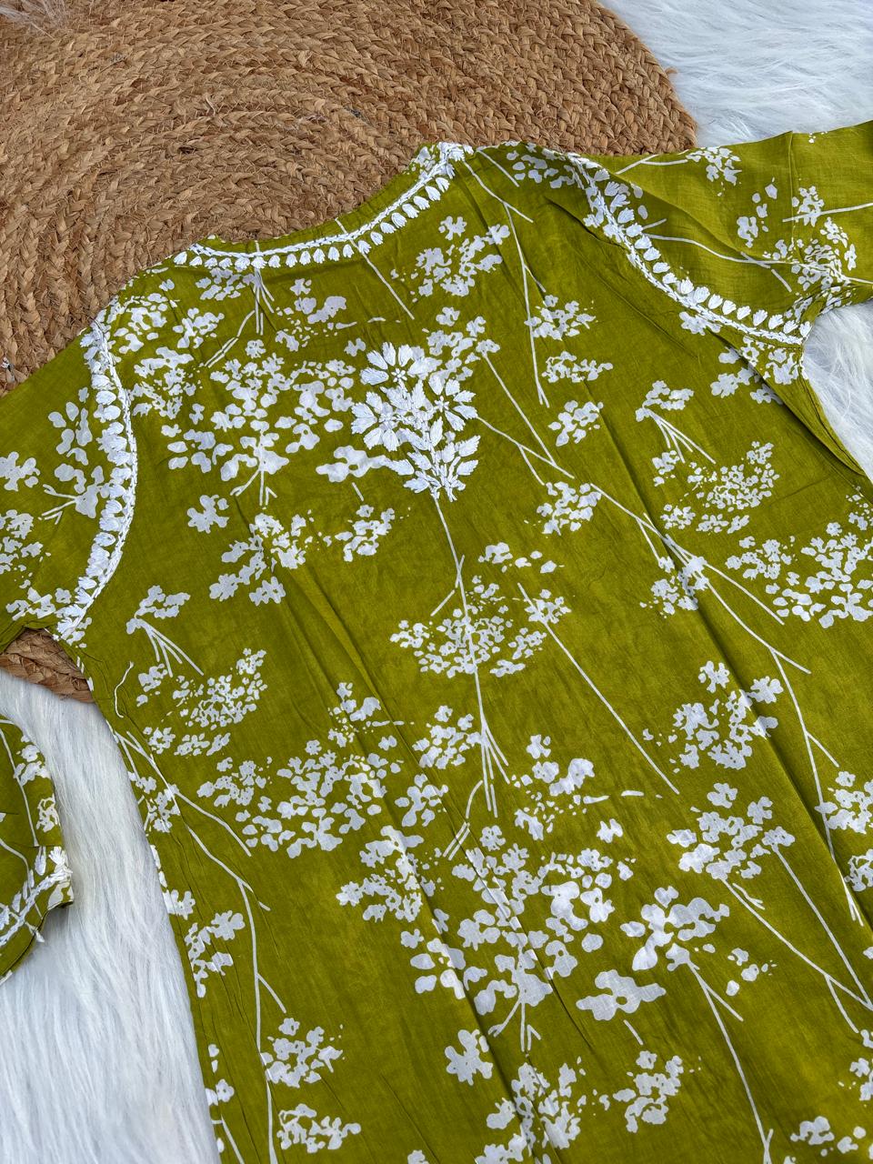 Sidra Pure Mulmul Chikankari Handwork Kurti - Green Colour